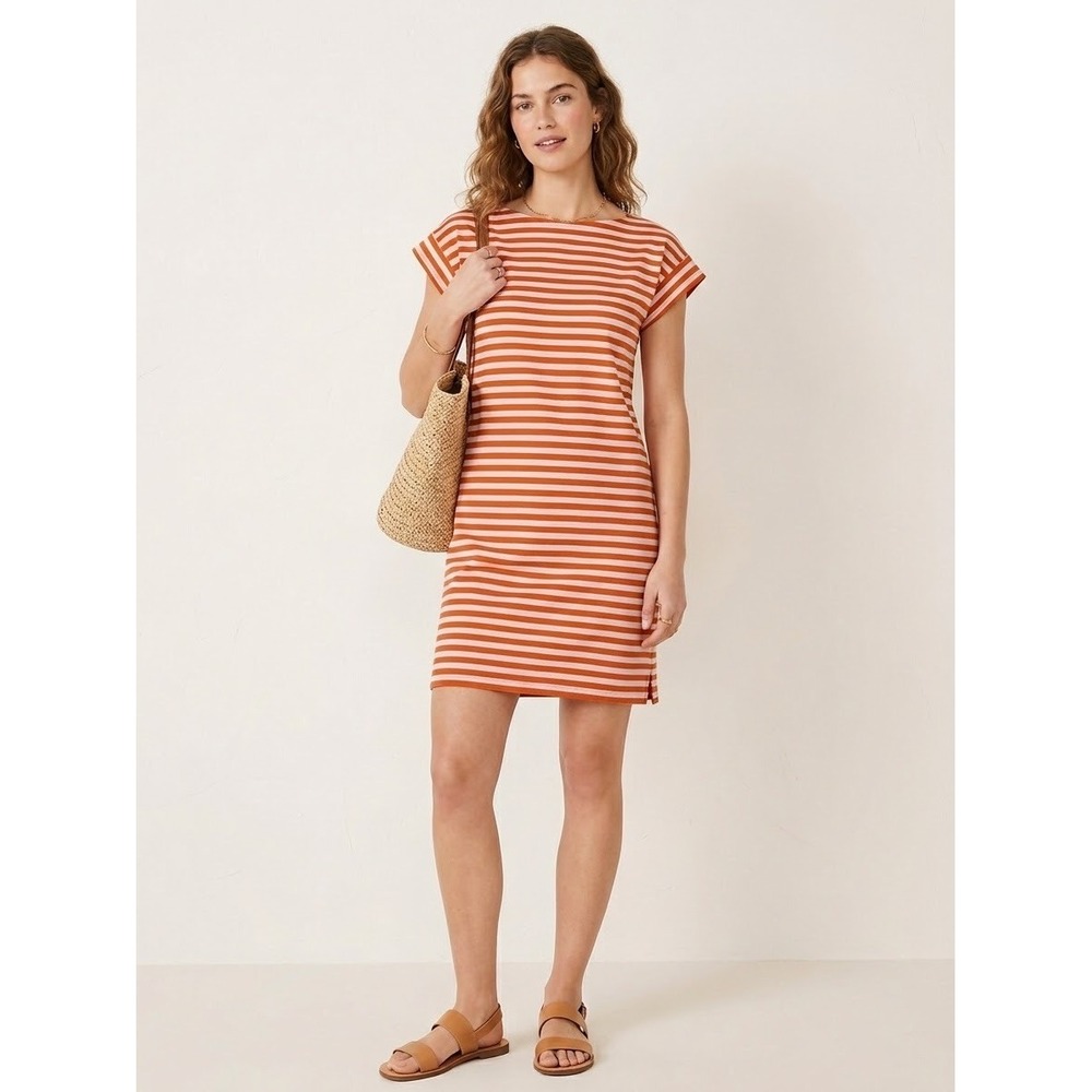 J.Crew Orange Pink Striped Cotton T-Shirt Dress XS G2651 Cap Sleeve Summer Mini